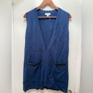 Nwt Joan Rivers Sweater Vest Sz XXS Blue & Black Faux Leather Trim Knee Length